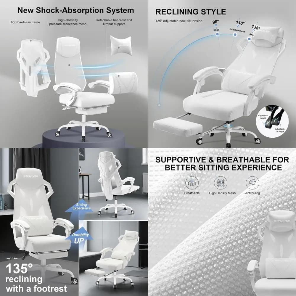 Sedia da Gaming Ergonomica con Schienale in Rete, Poggiapiedi Regolabile, Reclinabile e Supporto Lombare - Sedia da Ufficio Bianca