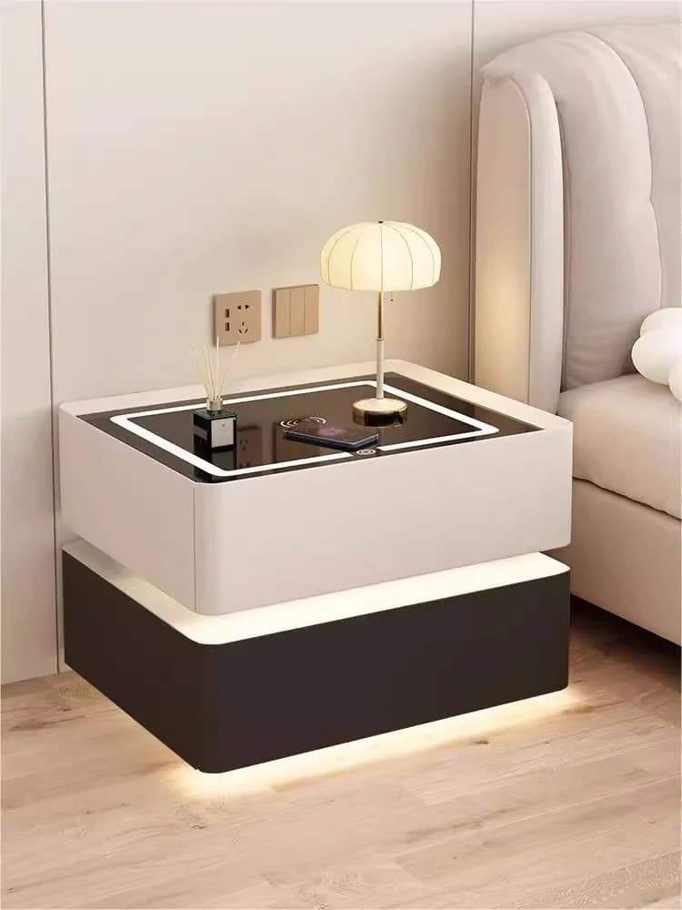 Comodino Smart Creativo Bicolore, Stile Moderno, con Ricarica Wireless e Armadietto Laterale con Serratura