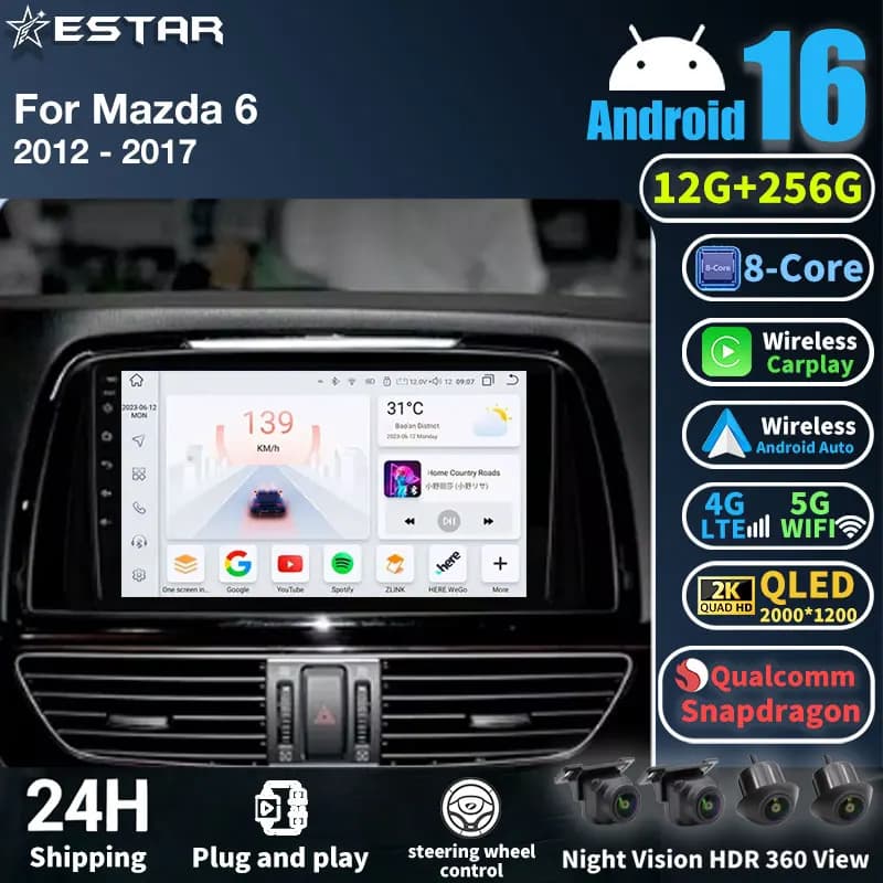 Lettore multimediale per auto per Mazda 6 GJ Atenza 2012 - 2017 Touring Sport GT wireless Carplay Android Auto 4G Wifi 2din GPS BT DVD