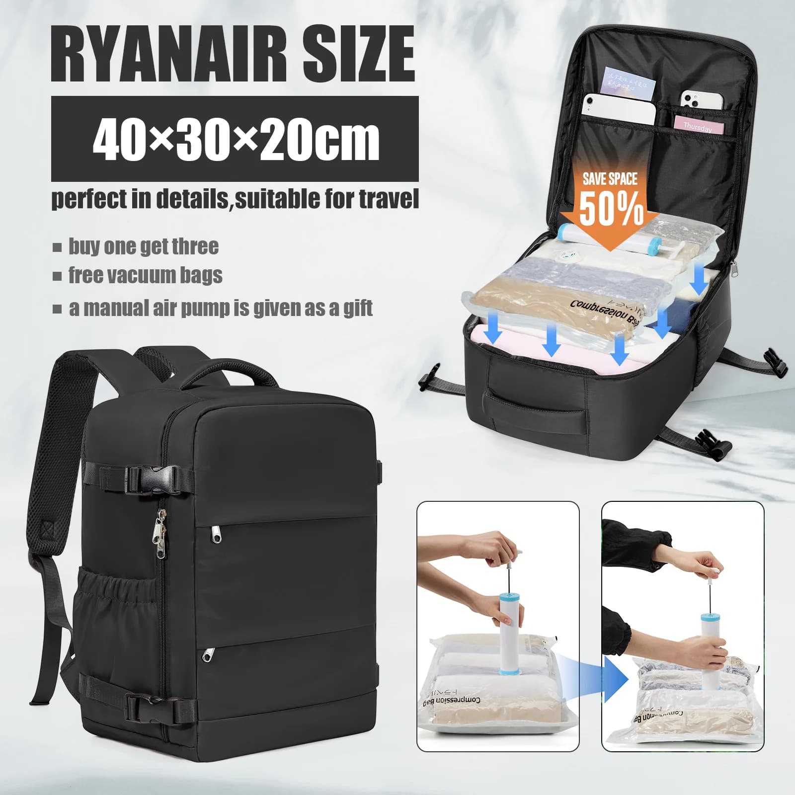 Ryanair Cabin Bags 40x30x20 Zaino da viaggio sottosella, Borsone da viaggio con borsa sottovuoto, Zaino da viaggio casual per pendolari all'aperto