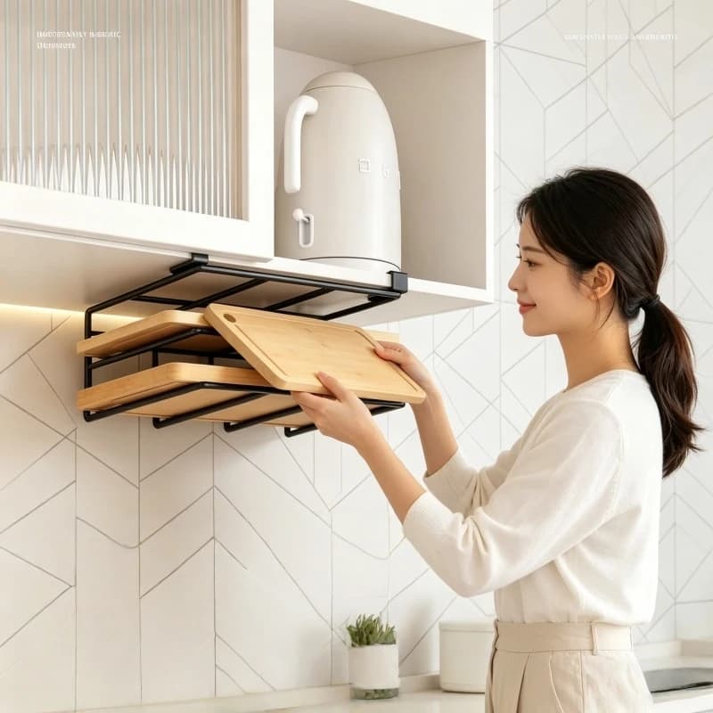 Organizzatore Sospeso Sottopensile Multiuso per Casa e Cucina con Ganci per Asciugamani di Carta, Taglieri, Coperchi Pentole