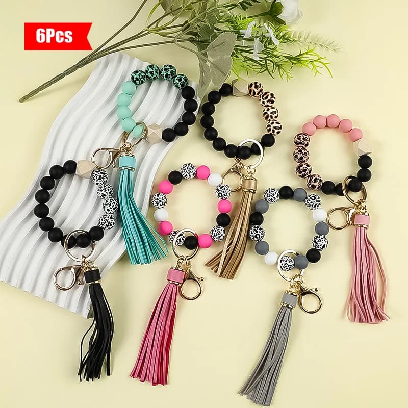 6 keyring with mixed color beads - Silicone beads with tassels, fashionable keychain bracelets for women and girls