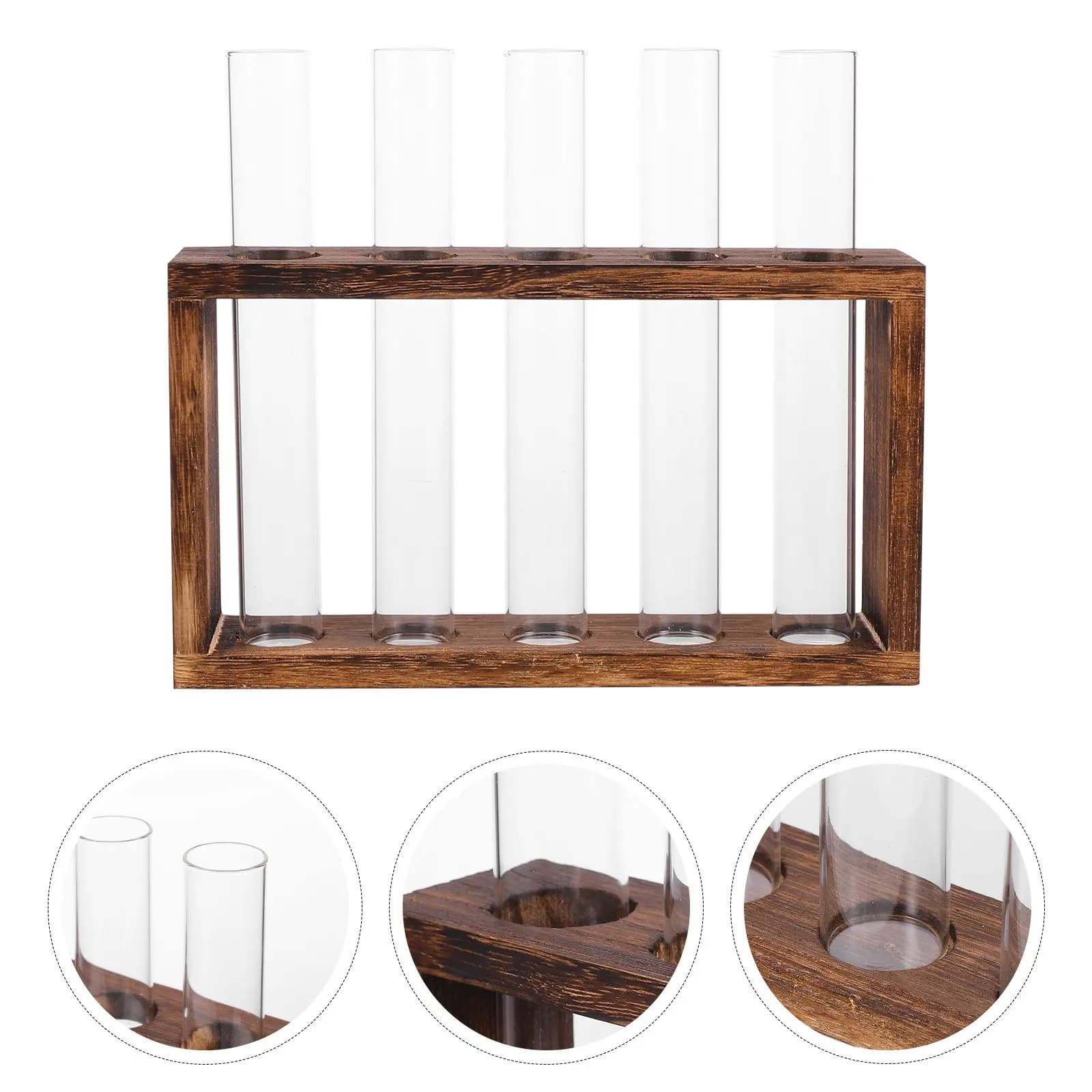 Glass Test Tube Vase Natural Wood Holder Transparent Round Mouth Hydroponic Planter Desktop Plant Terrarium Flower Pot
