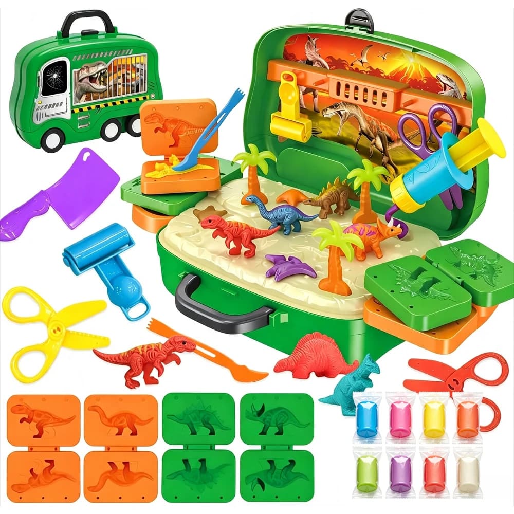 21Pcs Dinosaur World Play Dough Set, Assorted Molds & Tools, Portable Rolling Storage Case, DIY Clay Toy, Lovely Kids Gift