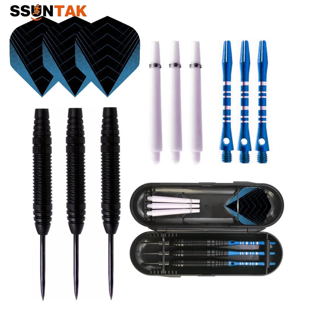 SSUNTAK 23g Steel Tip Darts Set 3 Pcs Anti‑drop Aluminum Shaft Metal Darts with Storage Box Professional Indoor Game Darts Kit