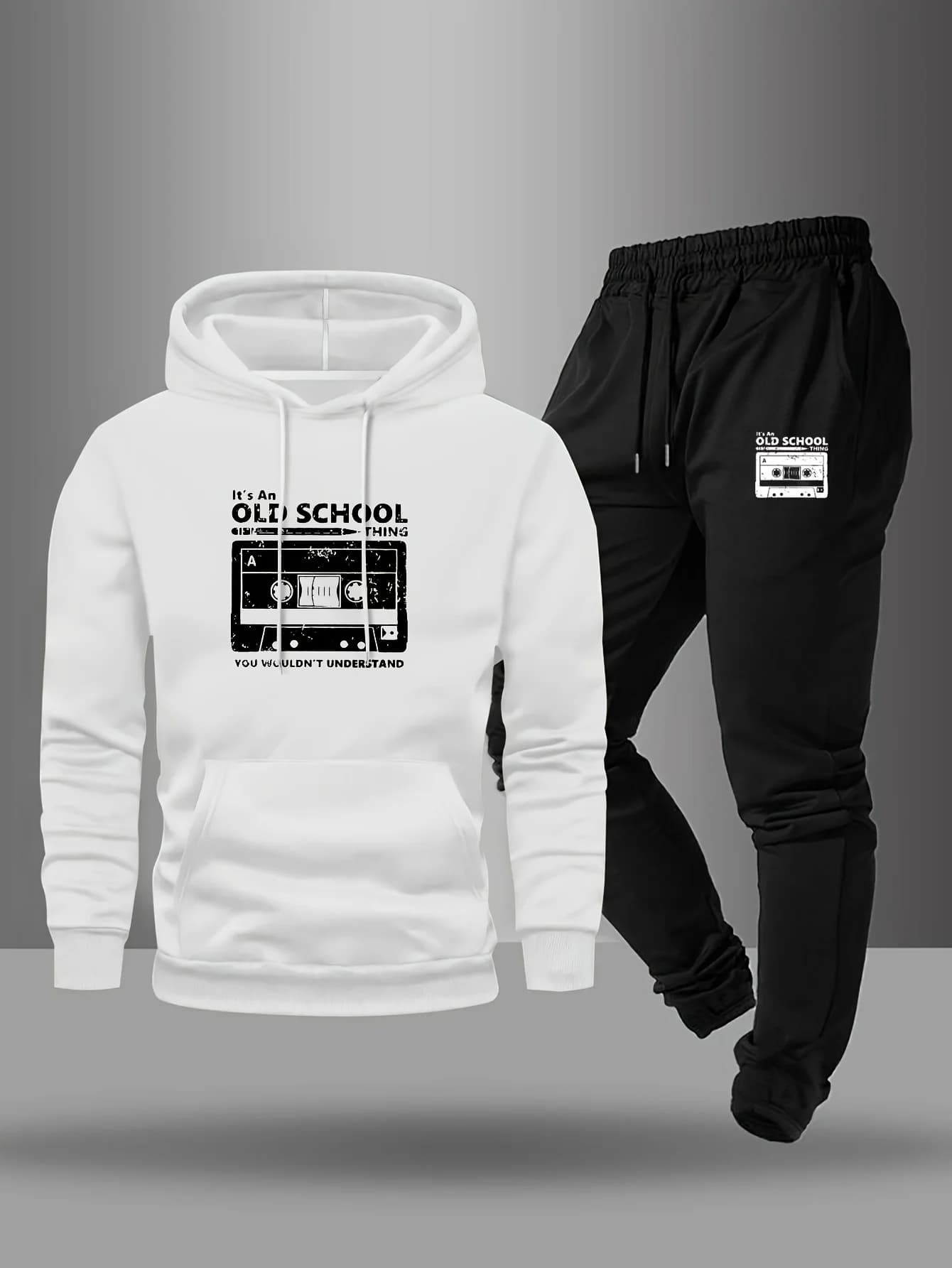 Men'S Casual Creative Pattern Print Drawstring Pocket Hoodie And Athletic Drawstring Long Pants Matching Set 2pcs