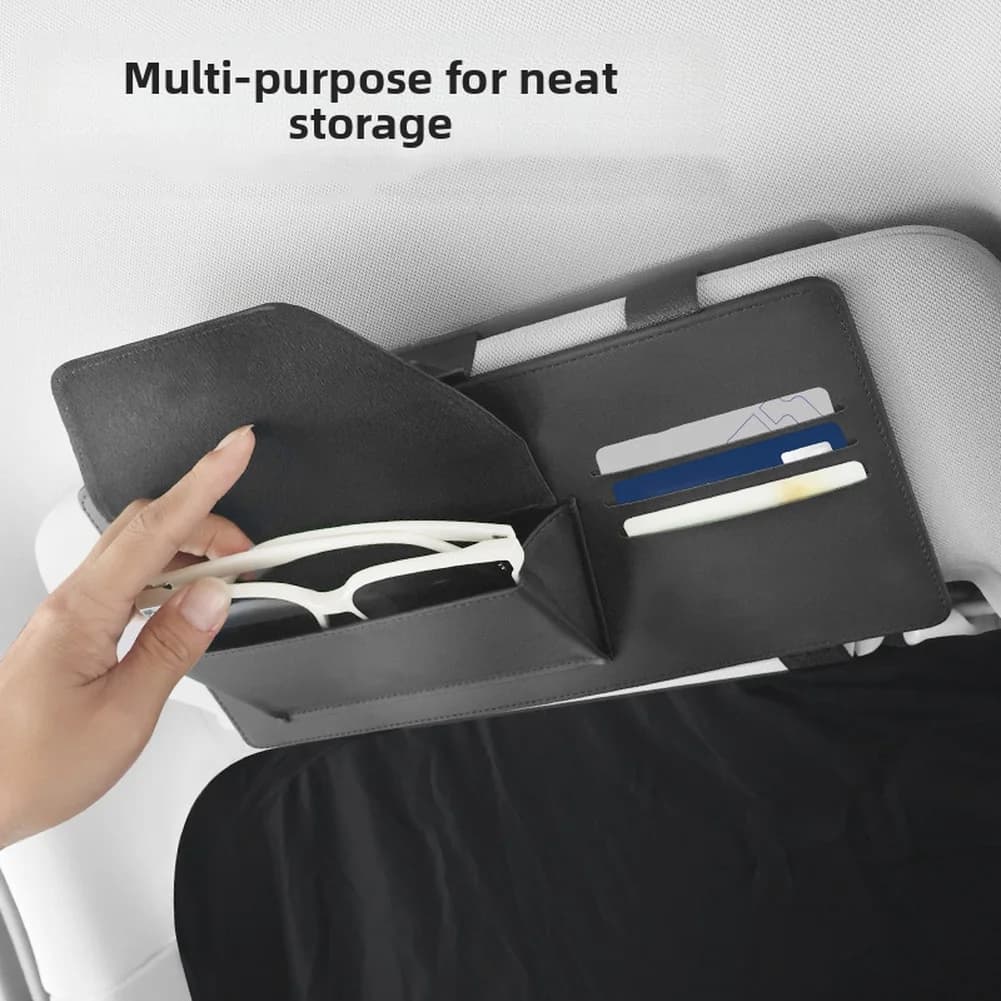 Organizer per Parasole Auto in Pelle PU, Porta Occhiali e Carte, Pieghevole, Antiriflesso, con Clip di Estensione per Interni Auto