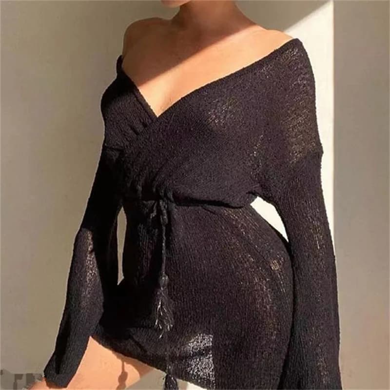 Women's Sexy Long Sleeve Deep V Neck Short Beach Dress Summer See-through Crochet Swimwear Bikini Cover Ups Swimsuit Tunic