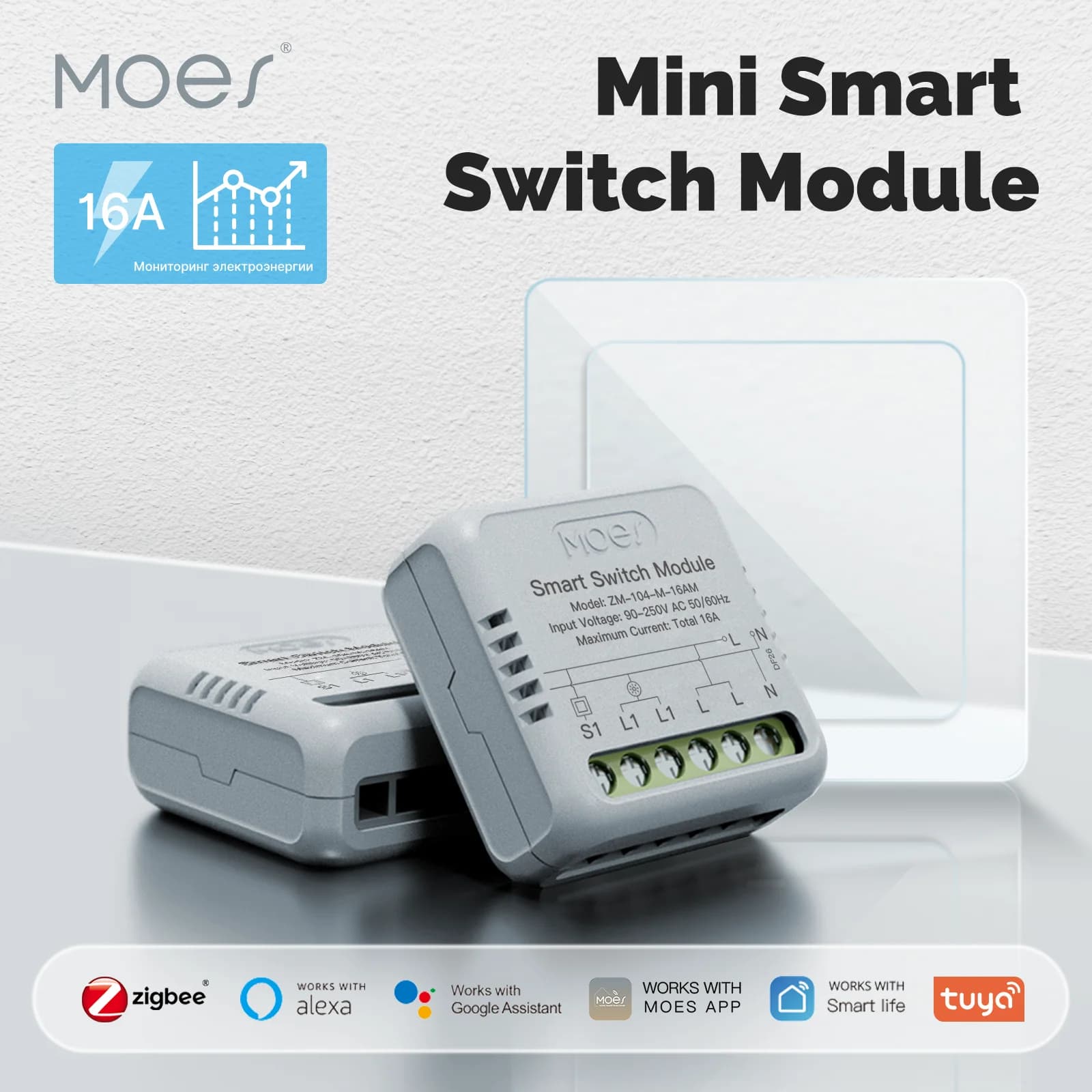 MOES Tuya ZigBee Smart Mini Switch Consumption Module Electricity Monitor Light Switch 1 Gang 16A Switch Support Alexa Google
