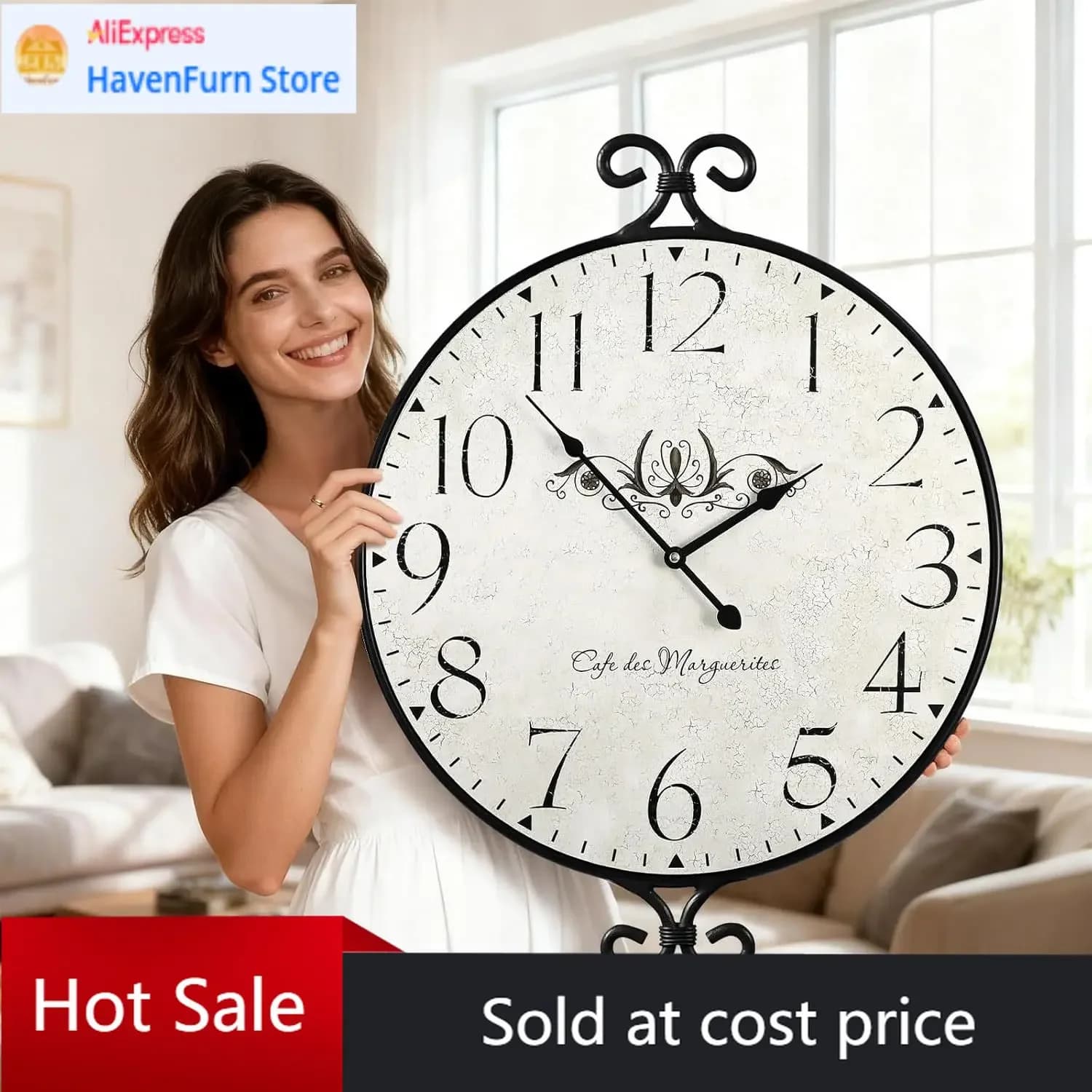 Watch from Wall 30 Inches for Living, Clock from Wall Extra Large Rustic Style, Iron Frame Beat with Finish Gray Hot, Yes