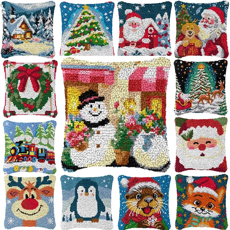 Christmas Tree Snowman Latch Hook Kit Mats Cushion Pillow DIY Needlework Button Package Cushion Embroidery Latch Hook Carpet