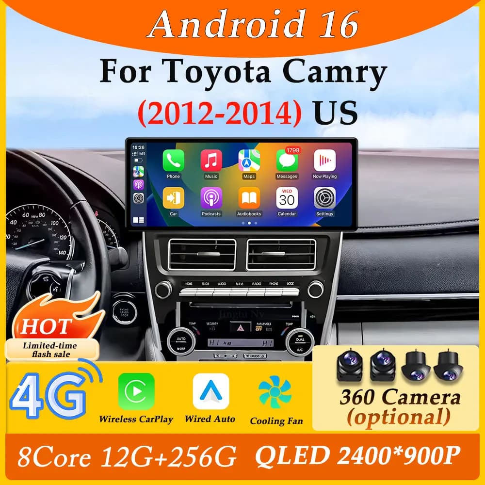 Schermo ultrasottile Android 16 da 12,3 pollici per Toyota Camry 2012 - 2014 US CarPlay Autoradio Video Lettore multimediale GPS Navi DSP Stereo