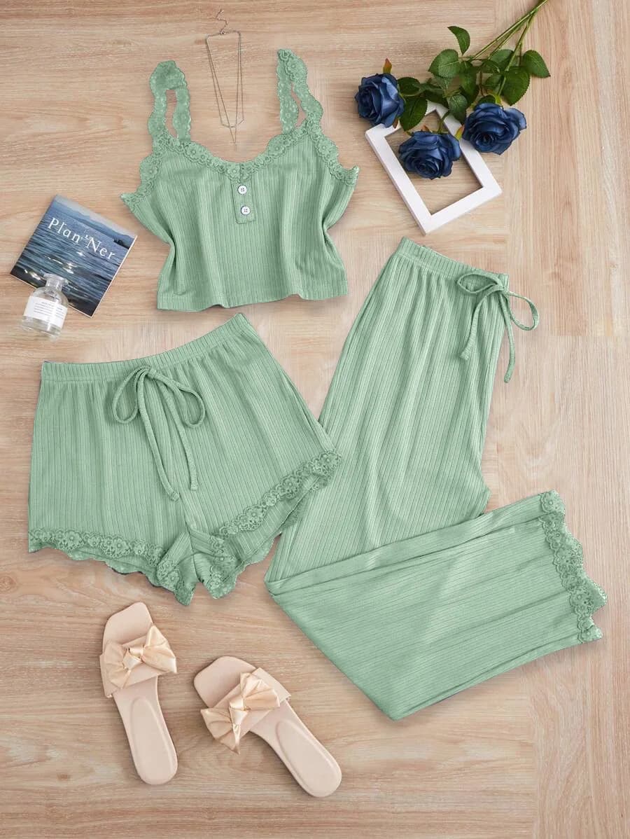 Nuovo Set Pigiama da Donna in Pizzo, Canotta e Pantaloncini Lunghi, Completo da Notte Slim a 3 Pezzi per Donna