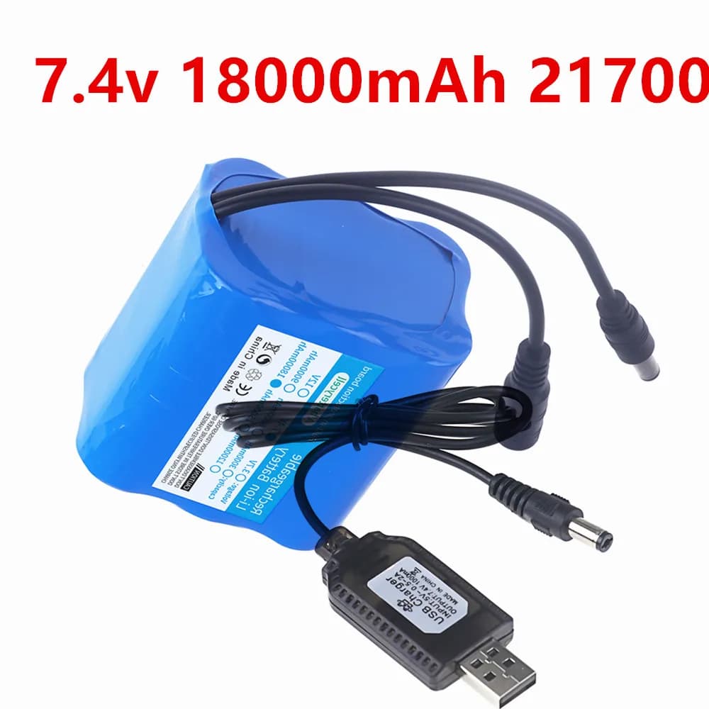 Batteria al litio 7.4V 18Ah 2s3p 21700 con BMS integrato per luci da bicicletta 7.4V 8.4V, luci da pesca e barche telecomandate + caricabatterie