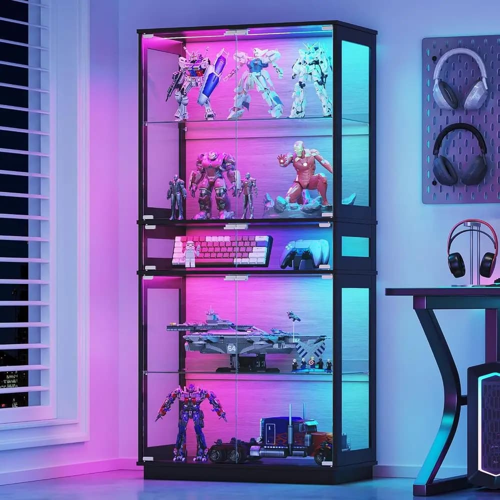 5-Tier LED Lighted Glass Display Cabinet for Collectibles and Action Figures, Tall Curio with Color-Changing Lights, Black
