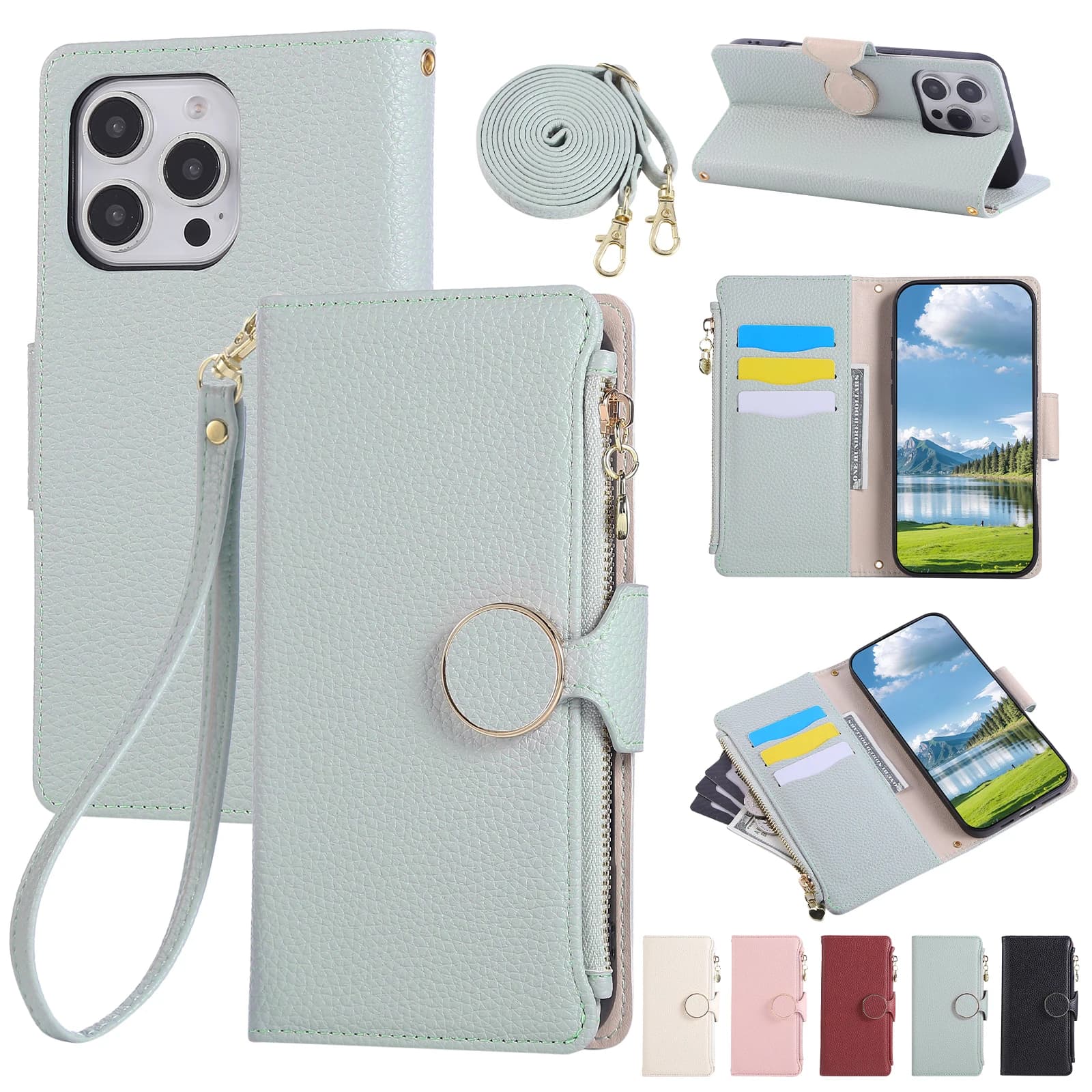 Wrist Strap Zipper Case For Redmi Turbo4 5G 14R 14C 13R 13C 13 12 10 Luxury Crossbody Multi 3 Cards Leather Lanyard Flip Cover