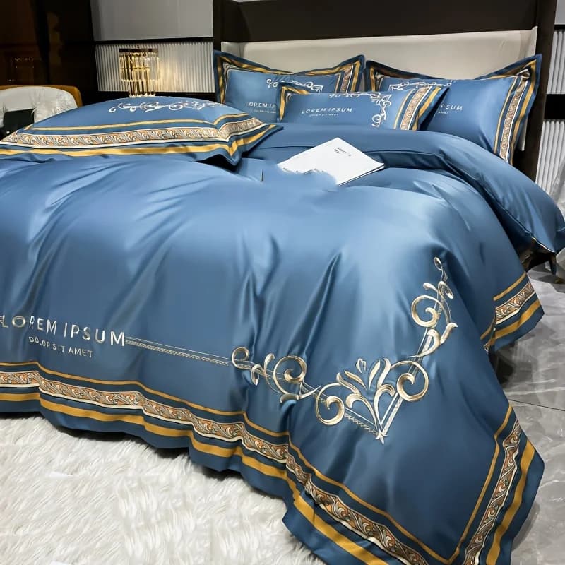 Set di biancheria da letto di lusso leggero in quattro pezzi con stampa digitale e ricamo, adatto a tutte le stagioni e lavabile: include una copripiumino, un lenzuolo, due federe, senza imbottitura.