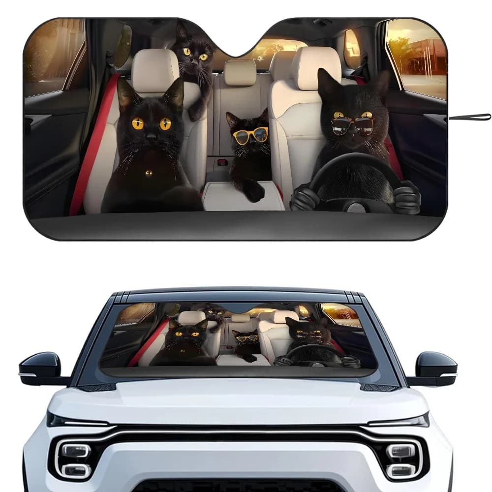 Black Cat Car Sunshade Curtains Heat-insulating Aluminum FilmReusable Suction Cup Blocks UV Rays Car Sun Visor Protector