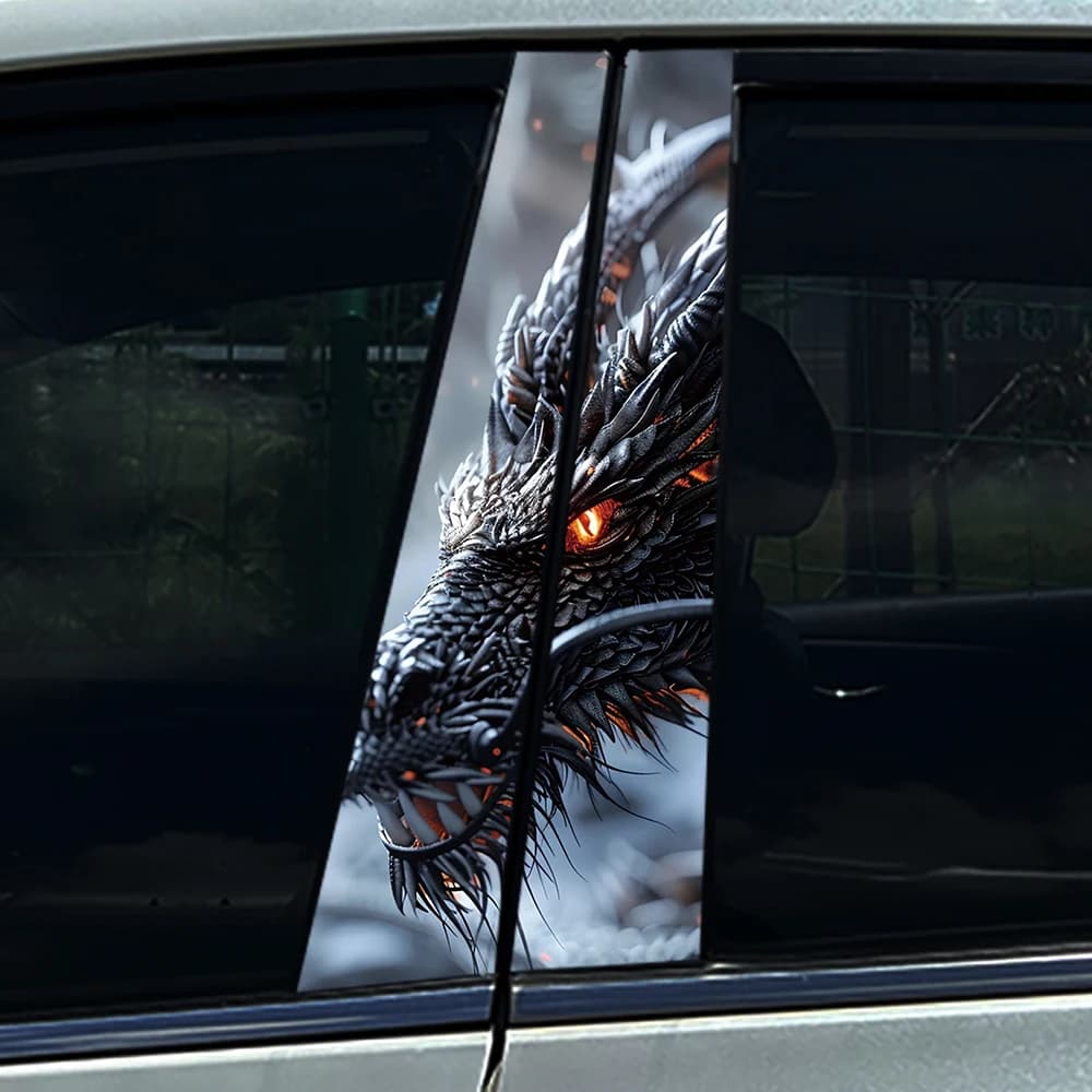 2 Adesivi Neri a Forma di Drago per Montante B Auto, Decalcomanie Realistiche per Finestrini Auto, Pellicola Decorativa Antigraffio per Styling Auto