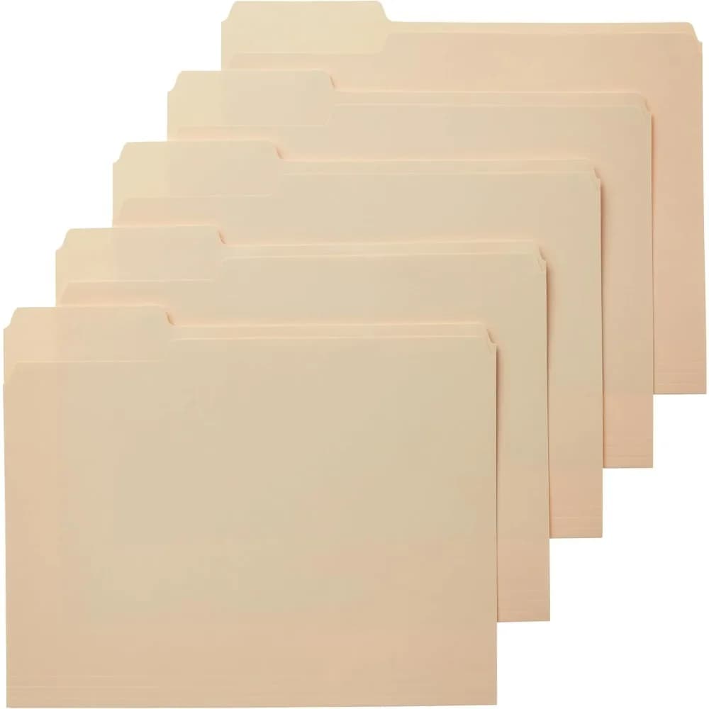 Basics Sturdy File Folders with Reinforced Tabs for Filing and Organization, 1/3-Cut Tab, Assorted Positions, Letter Size, 8.5x11 inches, Manila, 100-Pack