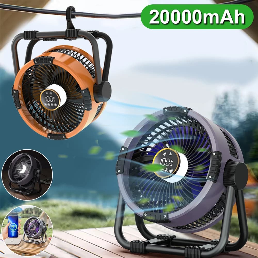 Ventilatore da soffitto Ventilatore da campeggio elettrico portatile Mini ventilatore wireless ricaricabile da 20000 mAh per esterni con luce LED e telecomando