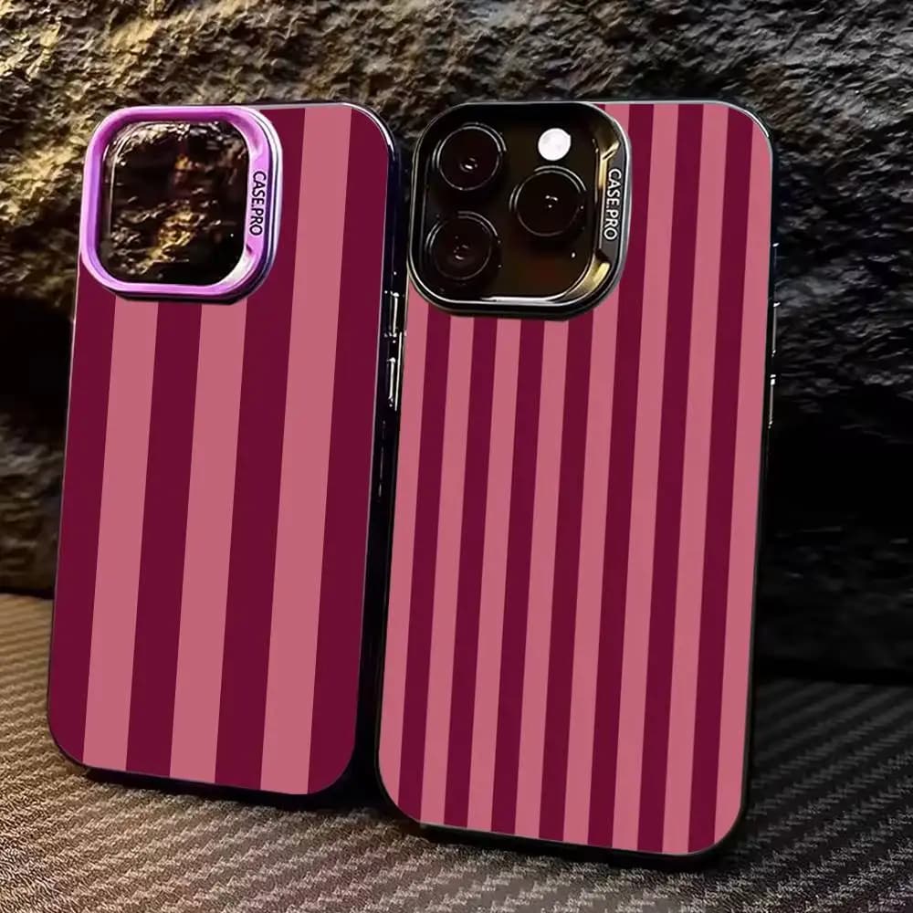 Custodia per telefono con motivo a strisce bianche bordeaux per iPhone 17,16,15,14,13,12,11 Plus,Pro Max, custodia per telefono color argento