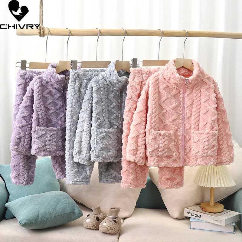 Nuovi bambini inverno addensare caldo pigiama di flanella solido colletto alla coreana cerniera set di abbigliamento neonati maschi ragazze pigiameria pigiama bambino