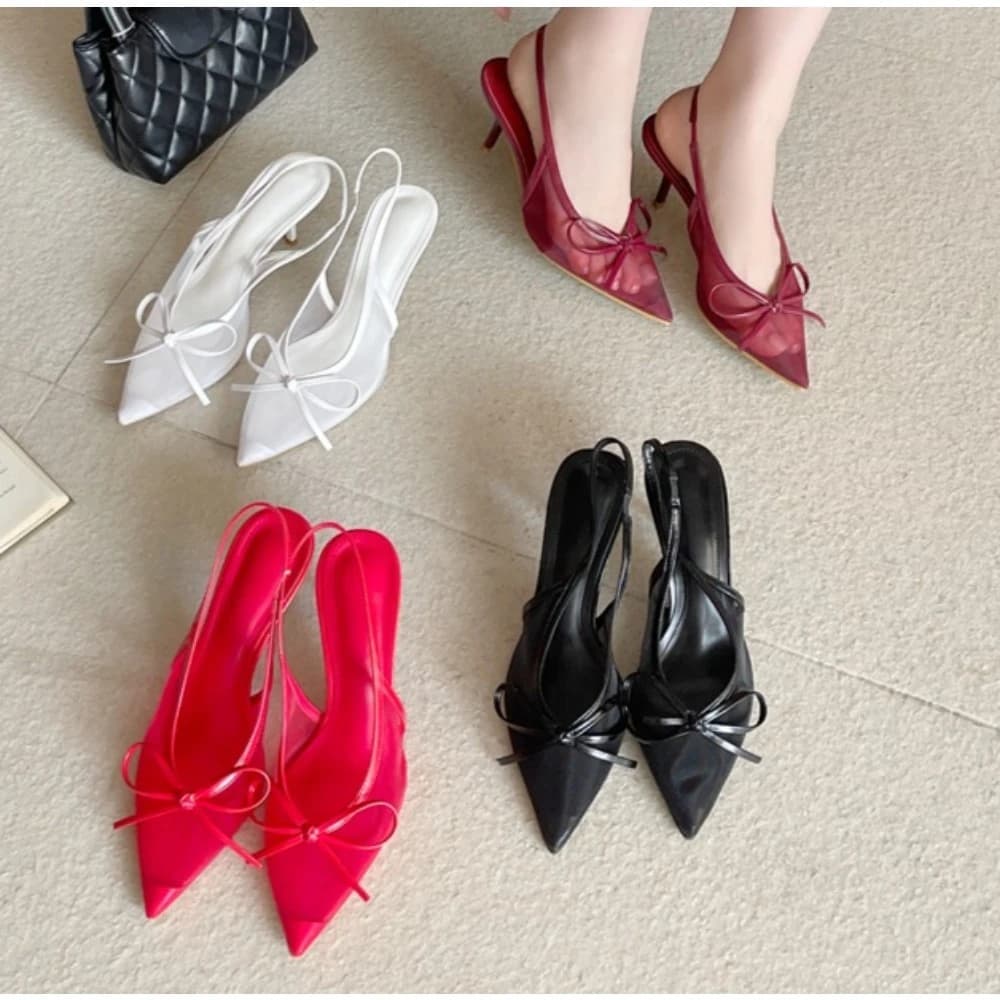 Sandali con tacco alto con punta a punta con fiocco Scarpe da donna firmate di marca Scivoli di moda Scarpe con cinturino alla caviglia Sandali eleganti con ciabatte da donna