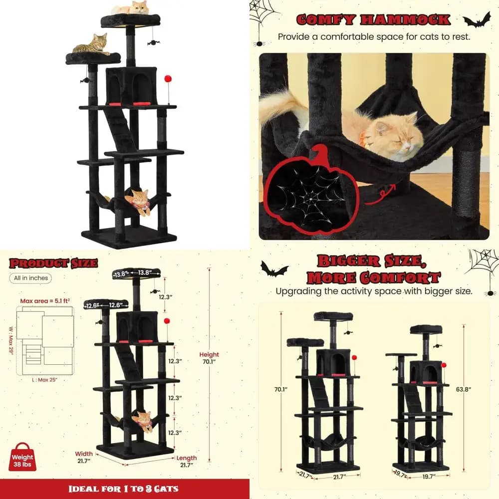 Torre per gatti da interno multilivello alto 70 pollici con condo in peluche e grandi grucce imbottite, sisal per gatti di grandi dimensioni