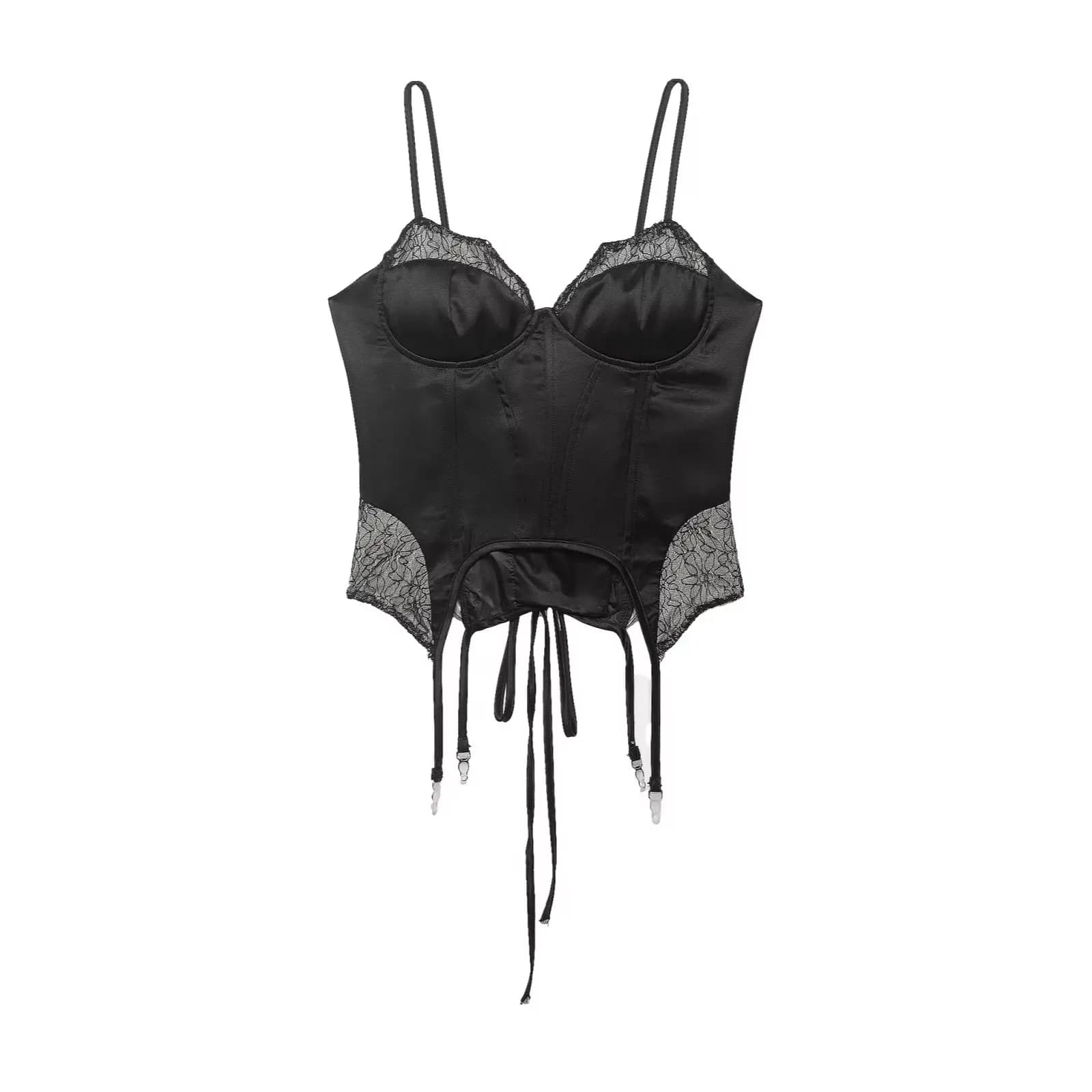 Willshela Top da donna alla moda nero con lacci sul retro, top vintage con spalline sottili, scollo a V, senza maniche, chic da donna