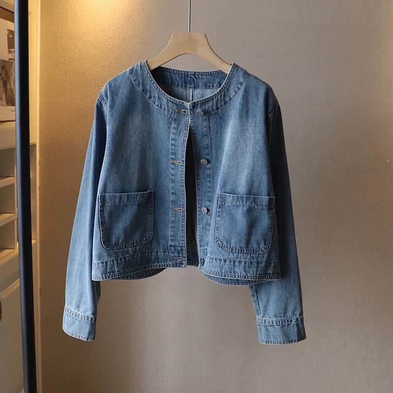 Giacca di Jeans alla Moda con Collo a O per Donna, Cappotto Corto Primaverile e Autunnale, Monopetto con Tasche, Top Ampio, Capospalla Casual Femminile