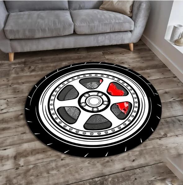 Black Wheels Print Carpet Round Living Room Bedroom Kitchen Bathroom Mat Soft Circle Carpet Birthday Decorations for the house