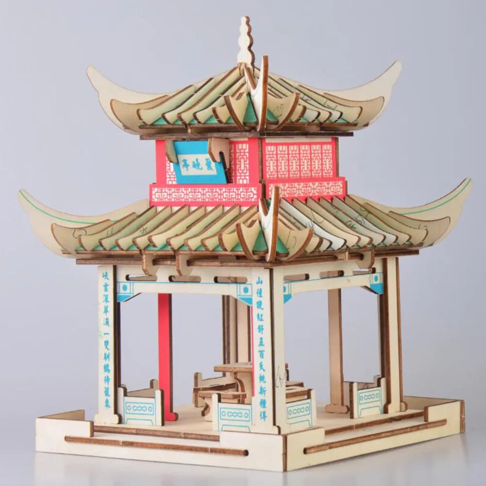 Aiwan Pavilion Shape 3D Wooden Puzzle Board Decorative Educational Puzzle for Kids DIY Creativity Development Cognitive Skills