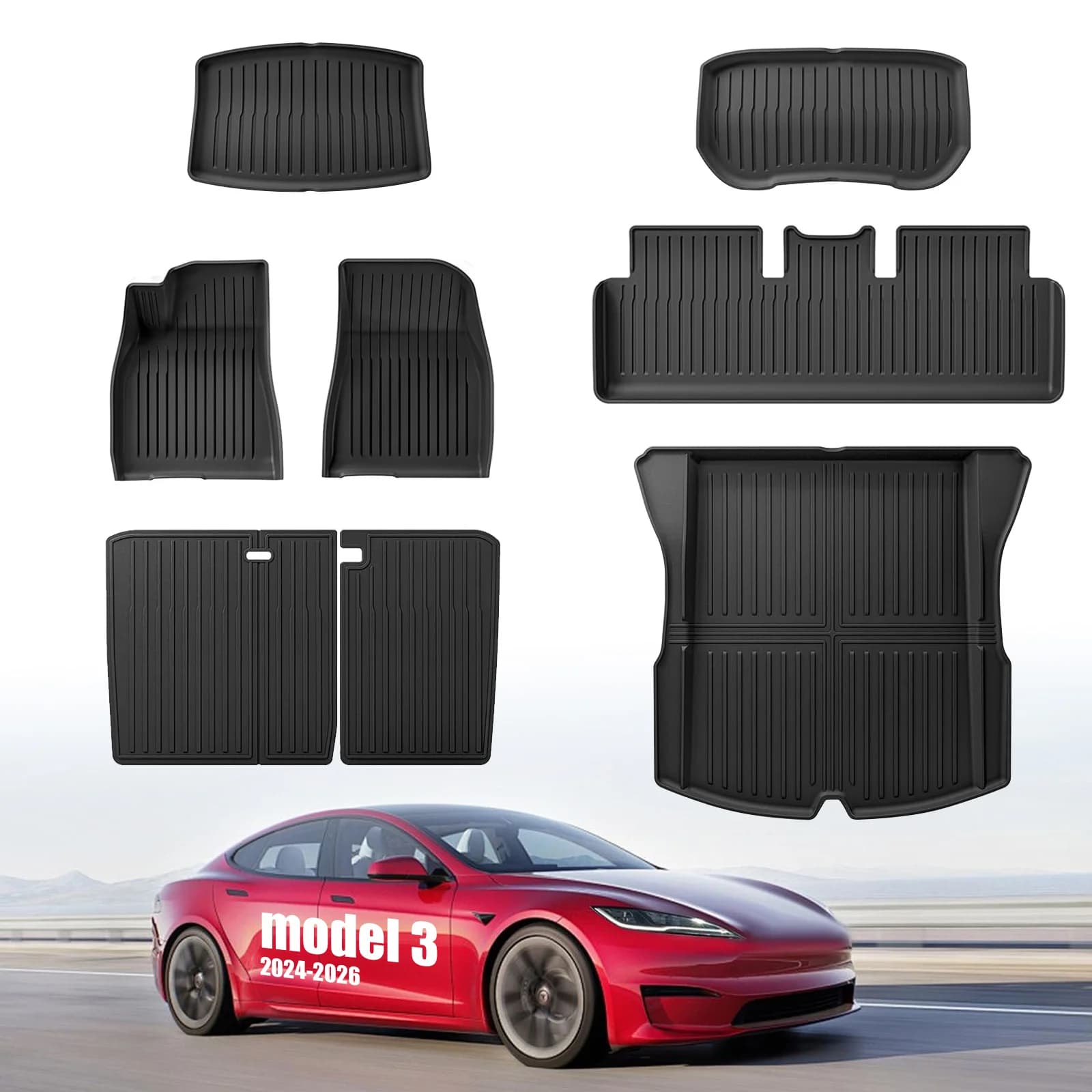 For Tesla Model 3 Highland 2024‑2026 7PCS TPE All‑Weather Floor Mats, Custom Fit Waterproof Anti‑Slip Odorless Car Interior Acce