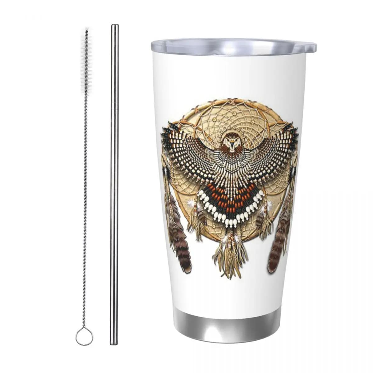 Red-Tail Hawk Dreamcatcher Mandala Stainless Steel Tumbler Vacuum Insulated Mugs Thermal Cold Cup Straws With Lid 20oz
