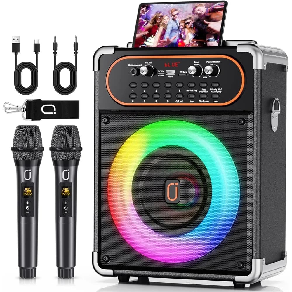 Macchina per Karaoke con Spedizione USA, 2 Microfoni, Altoparlante Bluetooth Portatile, Sistema PA per Feste all'Aperto, Subwoofer da Palco