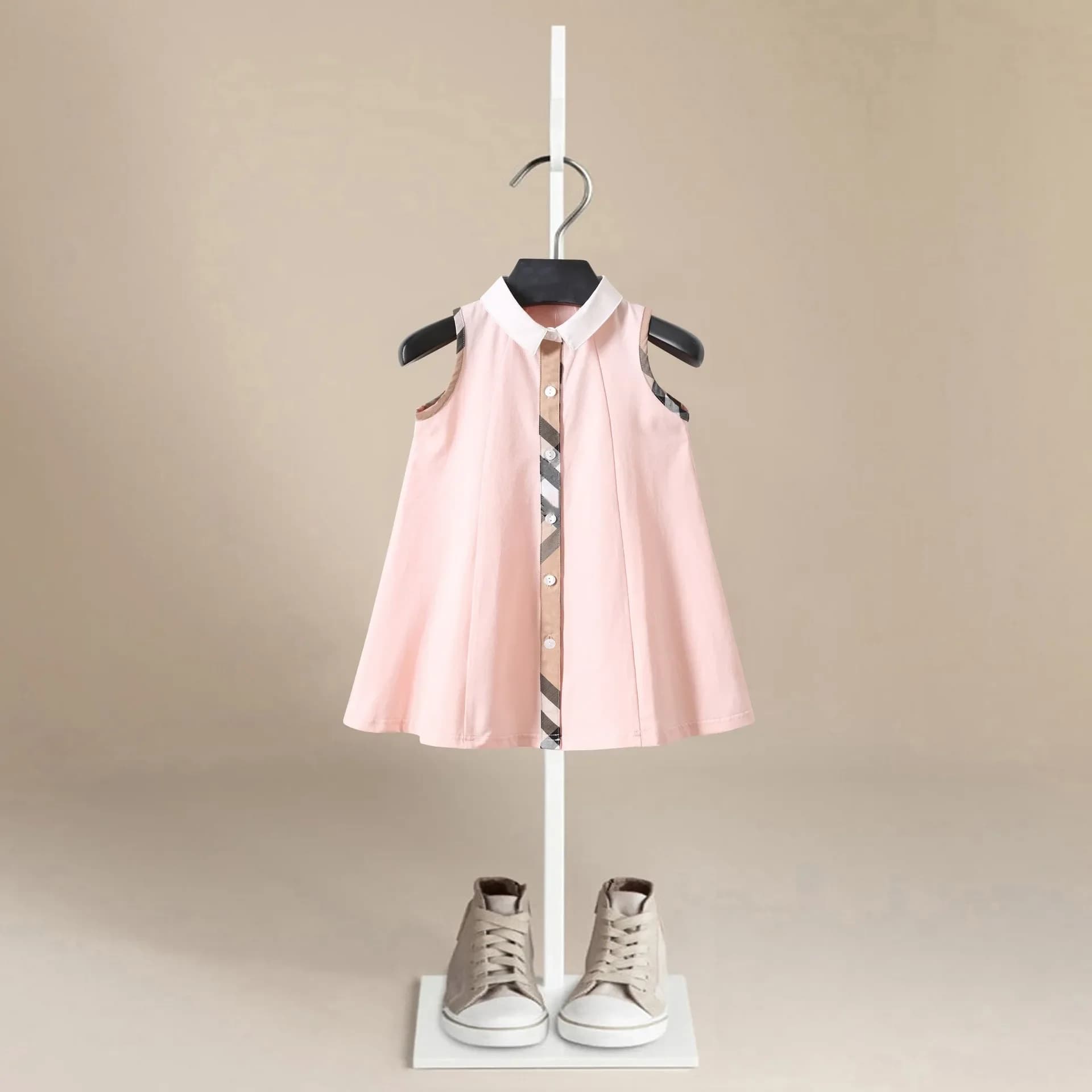 Abiti per ragazze abbigliamento per bambini cotone rosa Plaid estate moda bambino monopetto camicia vestito 3-10Y gonne di un pezzo