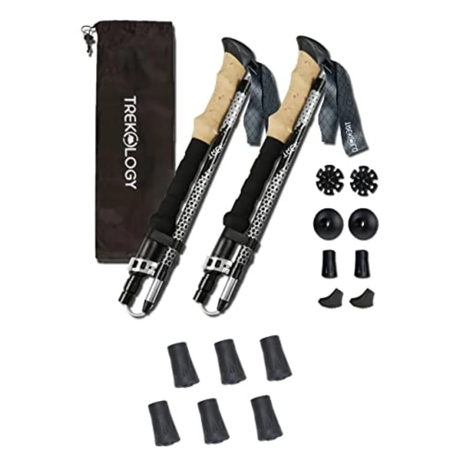 Bastoncini da Trekking Trek-Z Neri 100-120cm / 6 Punte di Ricambio in Gomma - Bastoni da Passeggio Pieghevoli Regolabili con Chiusura Rapida