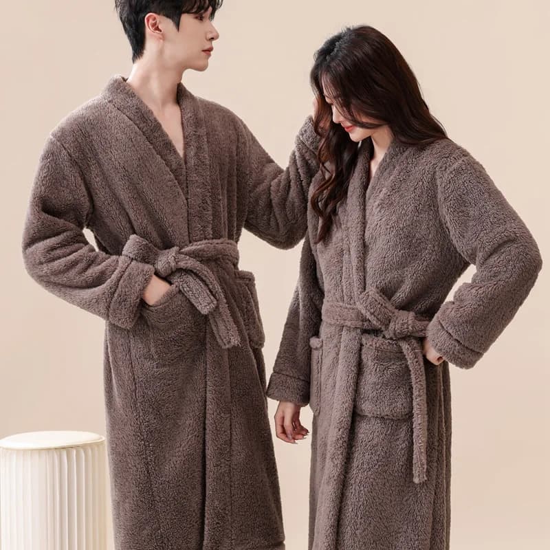Autumn Winter New Coral Fleece Couple Robe Thicken Bathrobe Sleepwear Long Sleeve Lace-Up Home Clothes Dressing Gown Nightwear