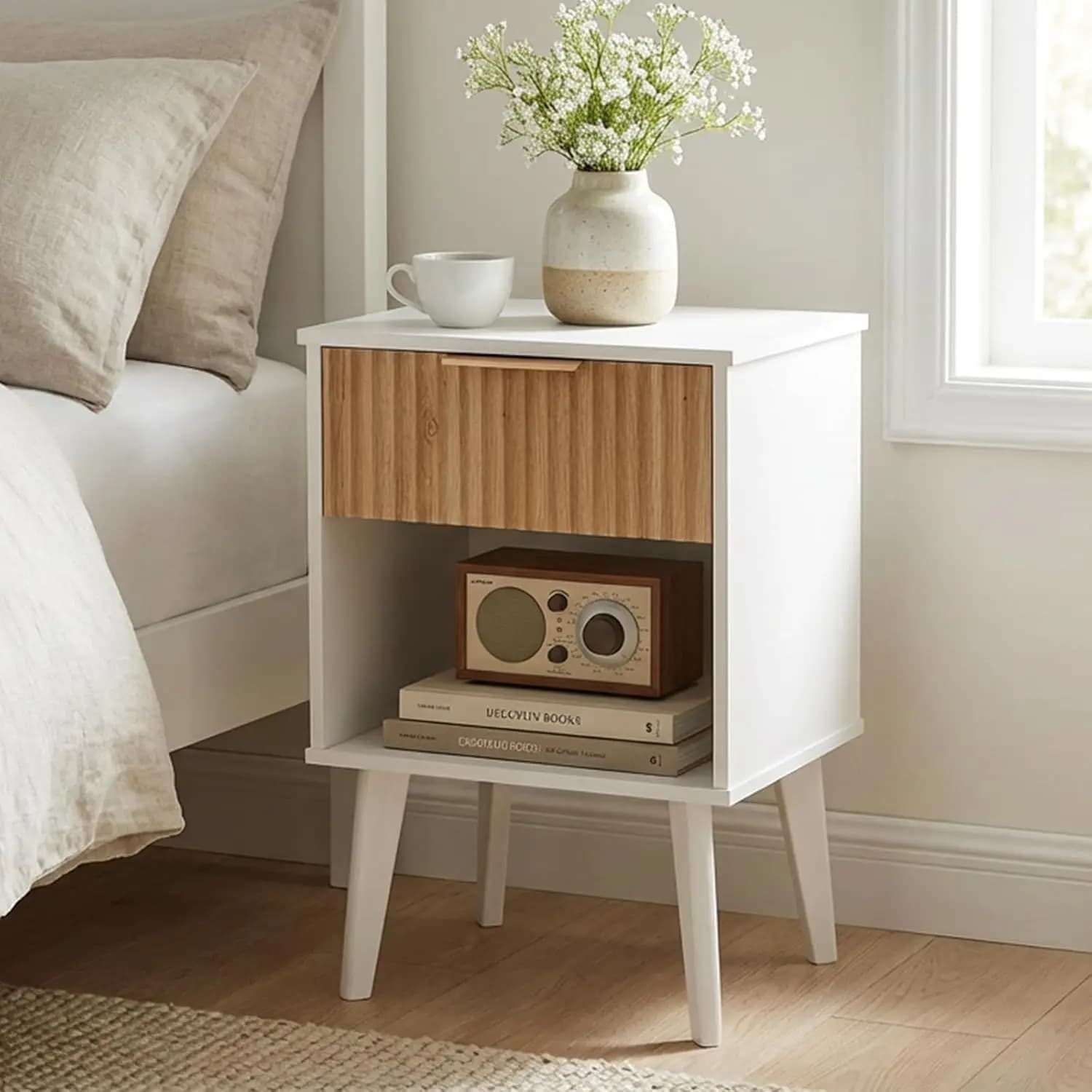 Comodino Bianco Scanalato, Tavolino Moderno da Comodino con Cassetto e Vano Portaoggetti, Comodino con Gambe in Legno, Tavolino d'Appoggio