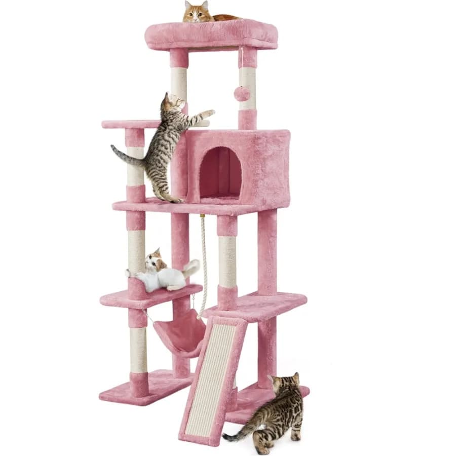 63" H Cat Tree Tower with Hammock and Scratching Posts Pink