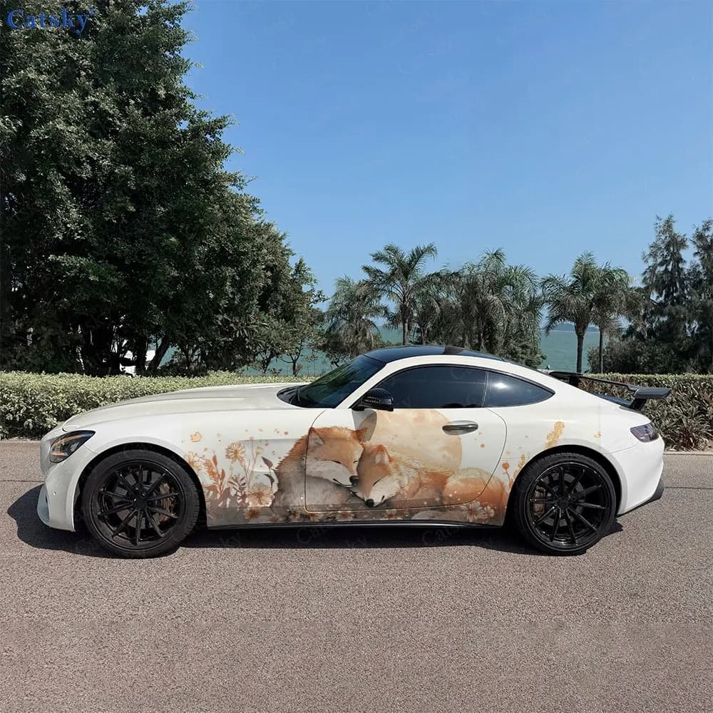 2pcs Warm Watercolor Fox Duo Car Side Wraps, Self-Adhesive PVC Waterproof & Scratch-Resistant Stickers, Car Accessory Gift