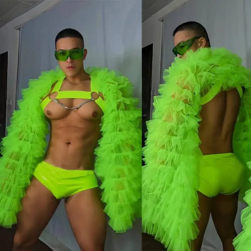 Costume da DJ per Bar e Nightclub, Outfit da Uomo Verde Fluorescente con Maniche Soffici, Giacca e Pantaloncini, Abbigliamento Sexy per Pole Dance