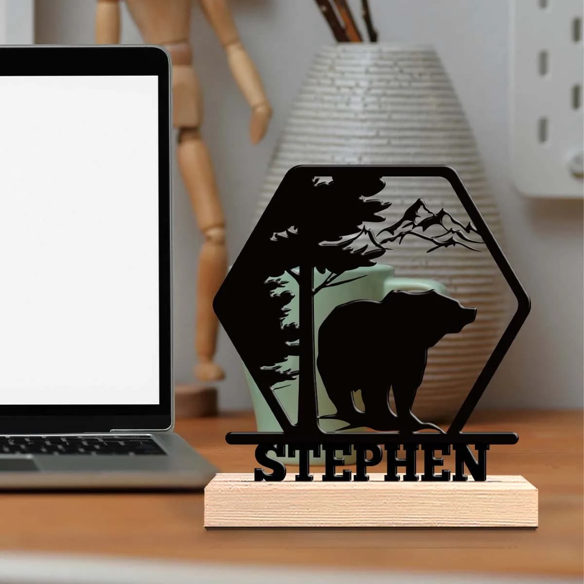 1pc Metal Art Desktop Decoration Custom Name Equipped with A Wooden Base Room Decorations, Bar Counter Decorations