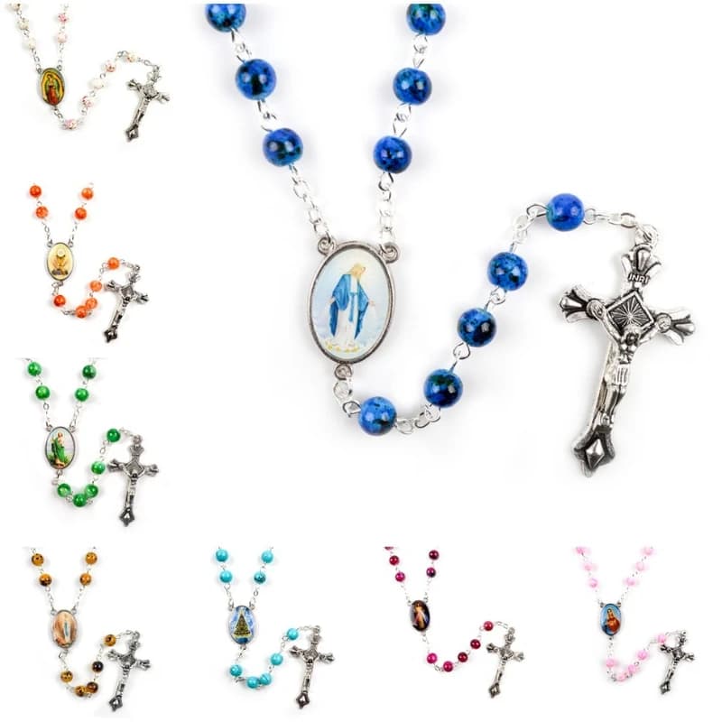1Pc 6mm Acrylic Glass Catholic Rosary Necklace for Kids Pearl Our Father Beads Virgin Mary Jesus Cross Religious Prayer Gift