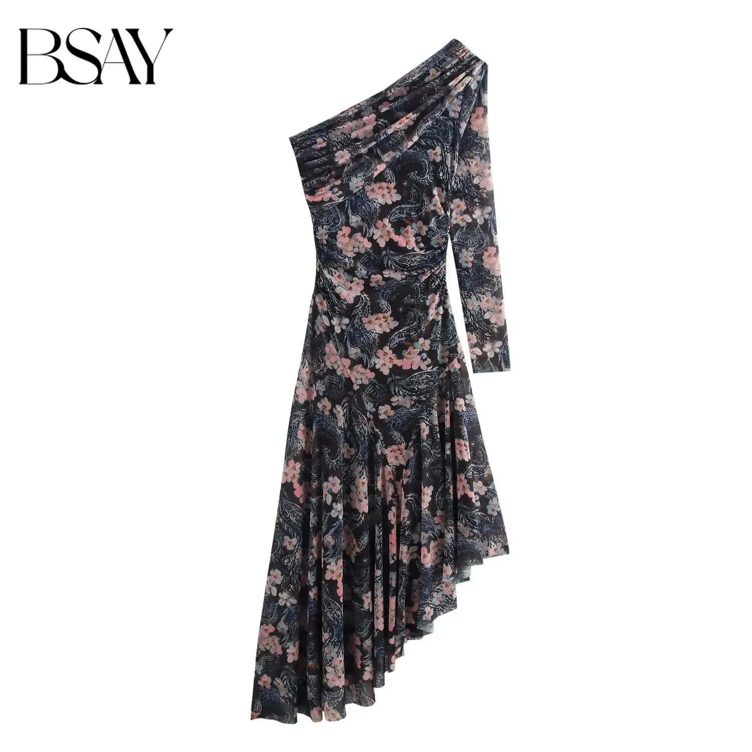BSAY Romantic French Style Women Floral Mesh Midi Dress One Shoulder Long Sleeve Asymmetric Flowy Ruffle Hem Party Long Dress