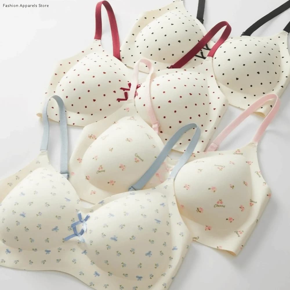 Traceless Dots Wireless V Bra Flower Bow Shockproof Seamless Floral Print Bra Lingerie Anti-sagging Push Up Underwear Yoga