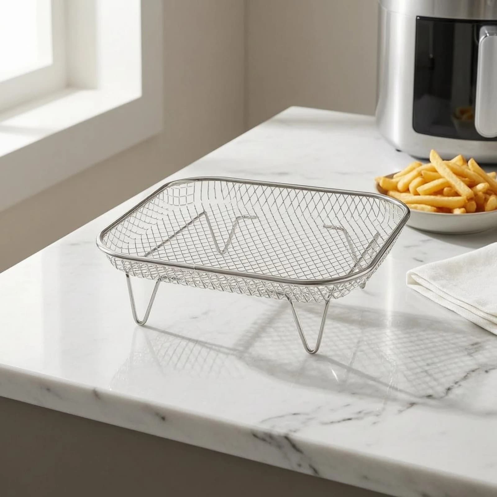 Air Fryer Basket Elevated Legs Air Fryer Rack Mesh Rack Silver Metal Finish Oil Drain Tray High Heat Resistant