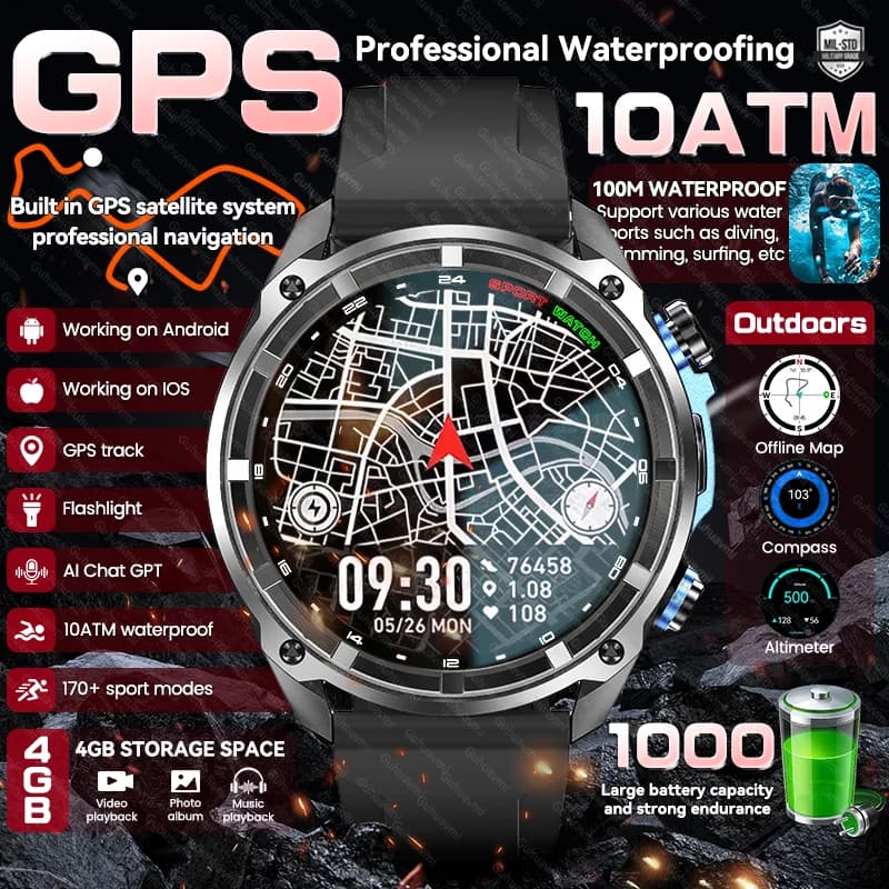 Nuovi Uomini Militare GPS Mappa Astuto Della Vigilanza Per Adulti 4GB di Memoria AMOLED HD Orologio 1000mAh Batteria 10ATM Impermeabile Chiamata Bluetooth Smartwatch
