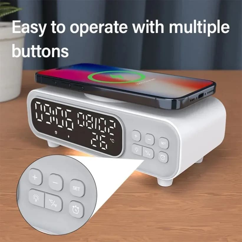 Caricabatterie wireless da 15 W Sveglia LED Luce notturna Termometro Auricolare Caricabatterie per telefono Stazione dock di ricarica rapida per iPhone